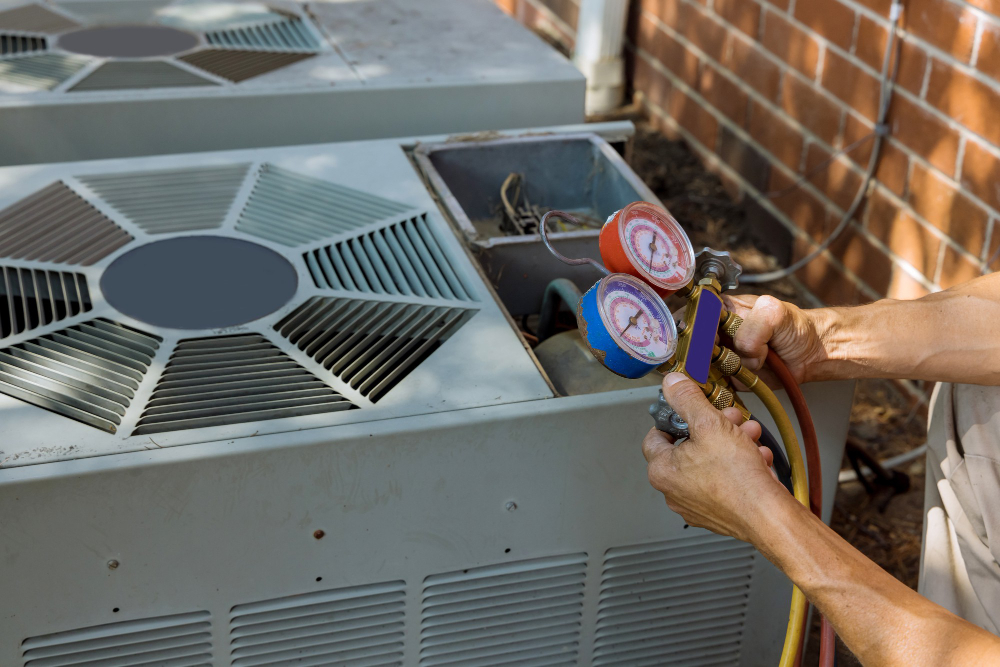 Technician inspecting outdoor AC unit