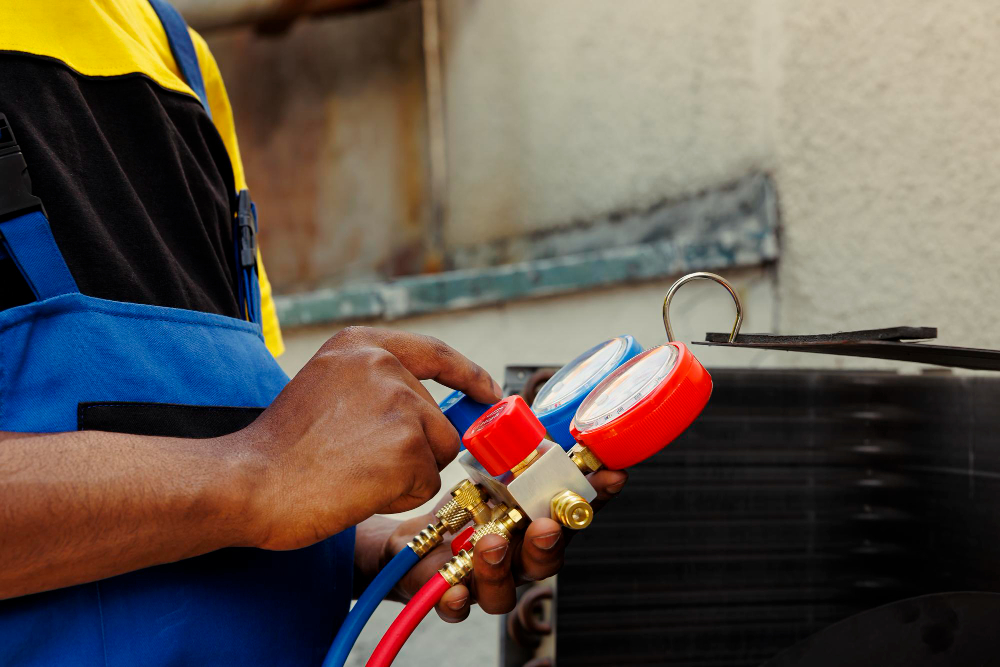 Technician checking HVAC pressure gauges